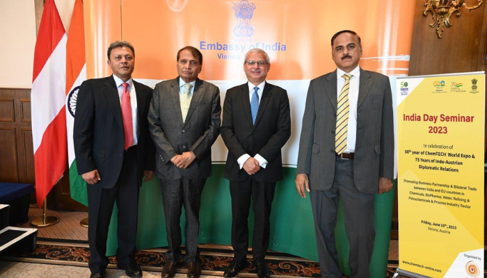 Shri Suresh Prabhu, Chief Patron & Brand Ambassador- ChemTECH World Expo 2024 , H.E Mr. Jaideep Mazumdar- Ambassador of India in Austria, Mr. Maulik Jasubhai , Chairman ChemTECH Foundation & Jasubhai Group during India Day Seminar-16th June in Vienna